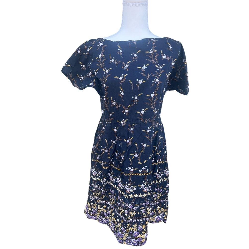 Women's Vintage Midi Dress Short Sleeve Floral Black Size LARGE